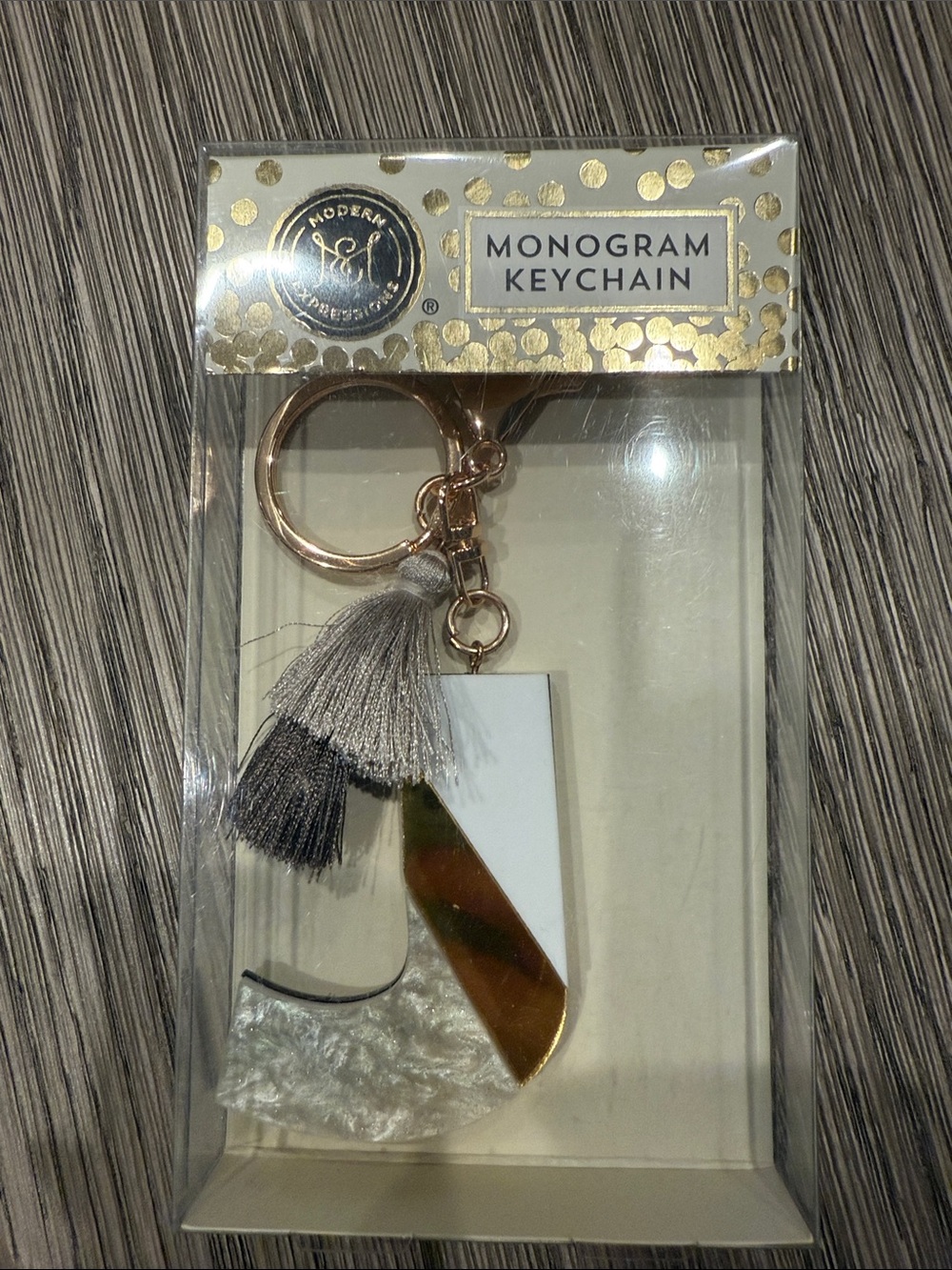 Monogram Keychain Tassel Letter 'J' - Gray & Gold